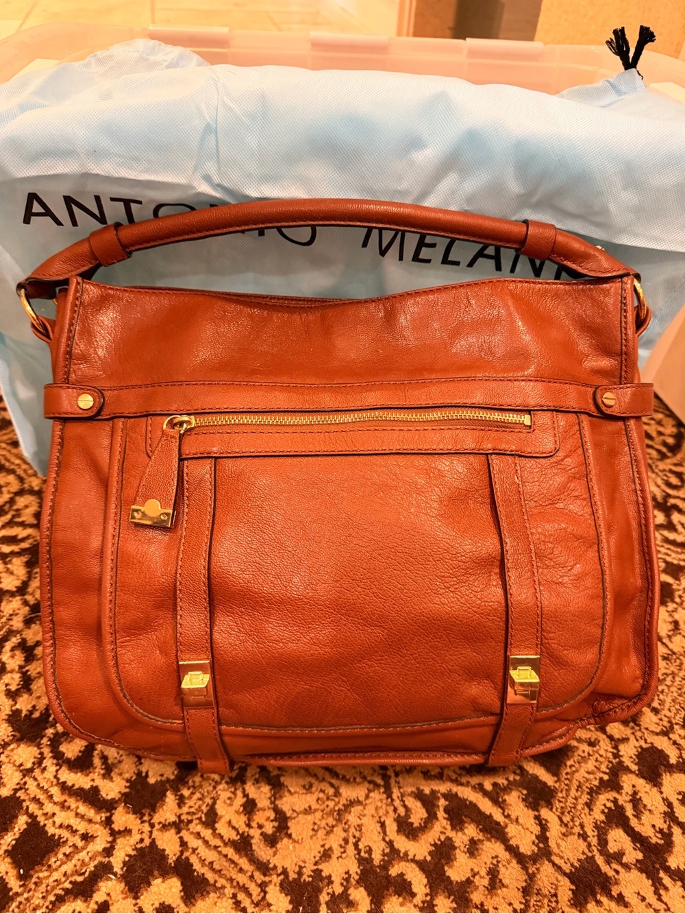 ANTONIO MELANI Cognac Brown Leather Shoulder Bag with Gold Hardware